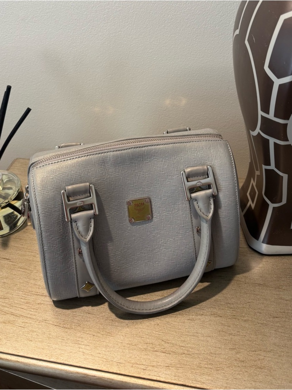 Rare MCM Silver Textured Leather Satchel bag with Silver accents!